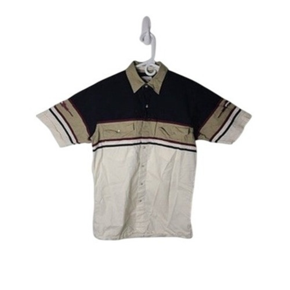 Cumberland Outfitters Men Med Western Colorblock Pearl Snap Shirt Tan Cream 90s‎